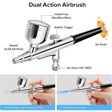 Apstour Dual Action Airbrush Kit, 7cc Air Brush Spray Gun & Air Hose for Temporary Tattoo, Nail Art, Car Hobby, Craft, Model Paint, Cake Decorating - Imported from UK